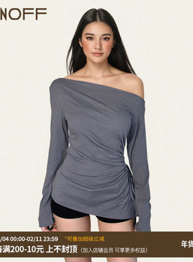 FUNOFF 美式复古灰色抽绳斜肩长袖T恤2025秋收腰一字肩露锁骨上衣