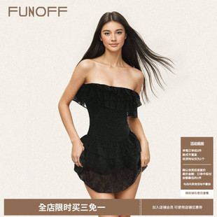FUNOFF 收腰蛋糕荷叶边短裙 复古黑色蕾丝花边抹胸连衣裙性感修身