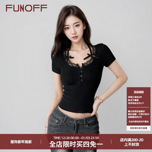 T恤简约百搭挂脖纽扣收腰上衣 复古黑色蕾丝蝴蝶结短袖 FUNOFF 法式