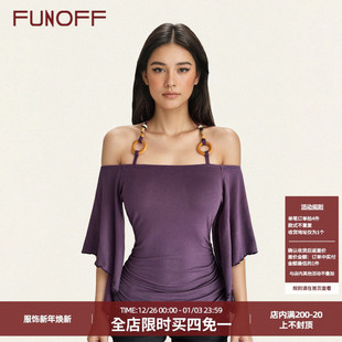 T恤简约黑色蝙蝠袖 复古紫色串珠挂脖一字肩五分袖 上衣 美式 FUNOFF