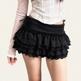 FUNOFF 复古蝴蝶结蕾丝低腰针织蛋糕裙少女感荷叶边半身短裙 法式