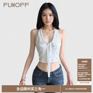FUNOFF 纯欲白色蕾丝挂脖吊带背心性感露背蝴蝶结显瘦上衣女 法式