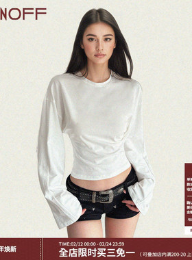FUNOFF 美式简约白色圆领收腰内搭长袖T恤2025秋基础百搭纯色上衣