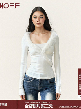 FUNOFF 复古白色毛领拼接V领长袖打底衫简约修身收腰T恤内搭上衣
