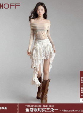 FUNOFF 复古白色蕾丝立体玫瑰不规则半身裙街头流浪感蛋糕短裙女