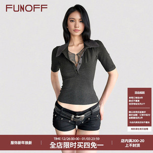 复古收腰短袖 衬衫 上衣 学院风灰色假两件蕾丝POLO领短袖 FUNOFF美式