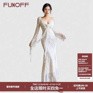 连衣裙气质飘带收腰鱼尾长裙女 复古白色玫瑰喇叭长袖 FUNOFF 法式