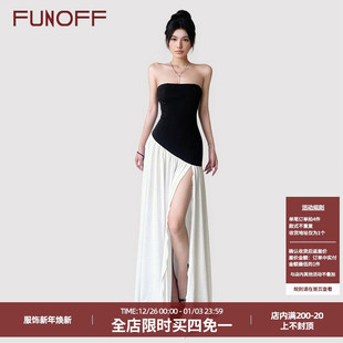 FUNOFF 气质黑白撞色斜边开叉抹胸连衣裙露锁骨性感收腰A字长裙女
