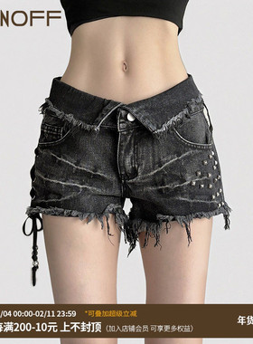 FUNOFF 美式复古黑色翻腰头铆钉毛边低腰牛仔短裤绑带修身热裤夏