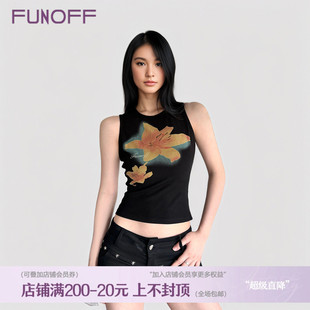美式 FUNOFF 复古黑色花卉印花针织背心2025夏简约露脐收腰上衣女