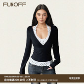 复古黑白波点挂脖背心黑色深V低胸收腰上衣两件套装 FUNOFF 美式 秋