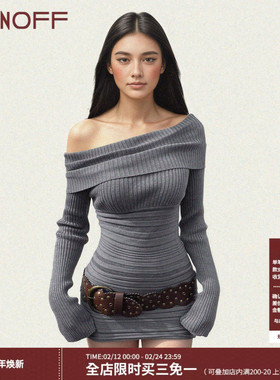 FUNOFF 美式复古灰色斜肩长袖毛织连衣裙性感一字肩收腰包臀短裙