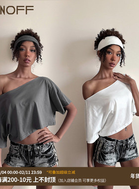 FUNOFF 美式复古基础灰色宽松斜肩T恤街舞简约白色露锁骨露脐上衣