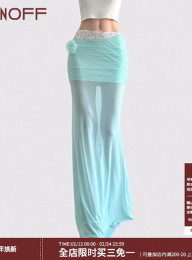 FUNOFF 海岛度假风蓝绿色网纱鱼尾半身裙夏性感蕾丝透视花卉长裙