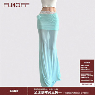 FUNOFF 海岛度假风蓝绿色网纱鱼尾半身裙夏性感蕾丝透视花卉长裙