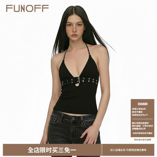 外穿上衣 街头黑色金属扣深V挂脖吊带性感辣妹露背修身 FUNOFF 美式