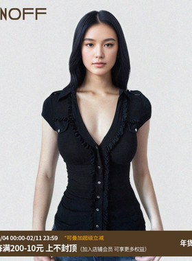 FUNOFF 美式复古黑色低胸深V领口袋短袖衬衫性感褶皱收腰T恤上衣