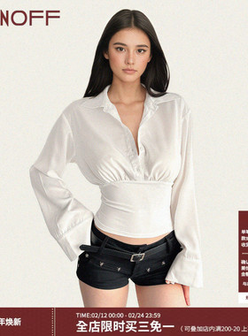 FUNOFF 美式复古白色POLO领收腰长袖衬衫简约海妖风勤翻领T恤上衣