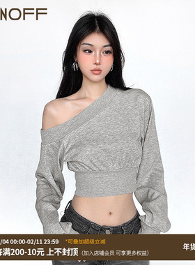 FUNOFF 美式复古灰色斜肩收腰长袖卫衣2025春秋简约纯色短款上衣