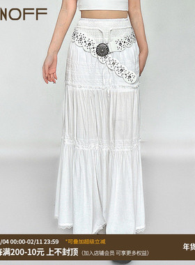 FUNOFF 波西米亚风白色蕾丝拼接绑带长裙法式百搭半身裙子女秋季