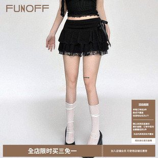 FUNOFF 黑色芭蕾风纯色蝴蝶结拼接蕾丝蛋糕半身裙显瘦a字短裙女夏