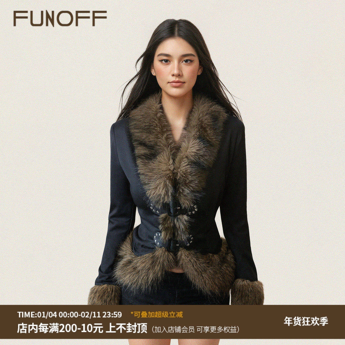 FUNOFF 美式复古黑色毛领拼接皮扣长袖开衫外套亚文化收腰上衣女