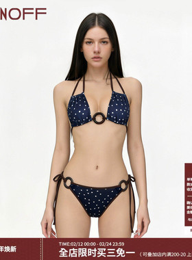 FUNOFF 复古深蓝色波点挂脖绑带三角杯比基尼性感度假风两件套装