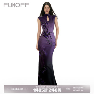 FUNOFF 收腰网纱长裙女 复古紫色花卉渐变水滴领旗袍连衣裙新中式