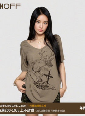 FUNOFF 美式复古卡其色麋鹿印花一字肩短袖T恤街头亚文化宽松上衣