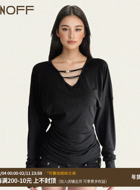 FUNOFF 美式复古黑色V领低胸串珠长袖T恤性感收腰蝙蝠袖打底上衣