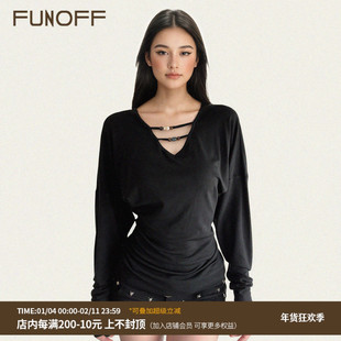 FUNOFF 美式复古黑色V领低胸串珠长袖T恤性感收腰蝙蝠袖打底上衣