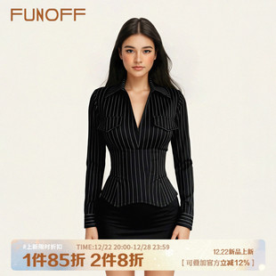 衬衫 复古条纹翻领低胸长袖 办公室海妖风V领收腰上衣女 美式 FUNOFF