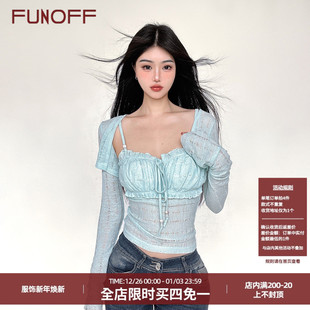 上衣两件套装 FUNOFF 罩衫 薄荷绿串珠褶皱吊带bm荷叶边喇叭袖 法式