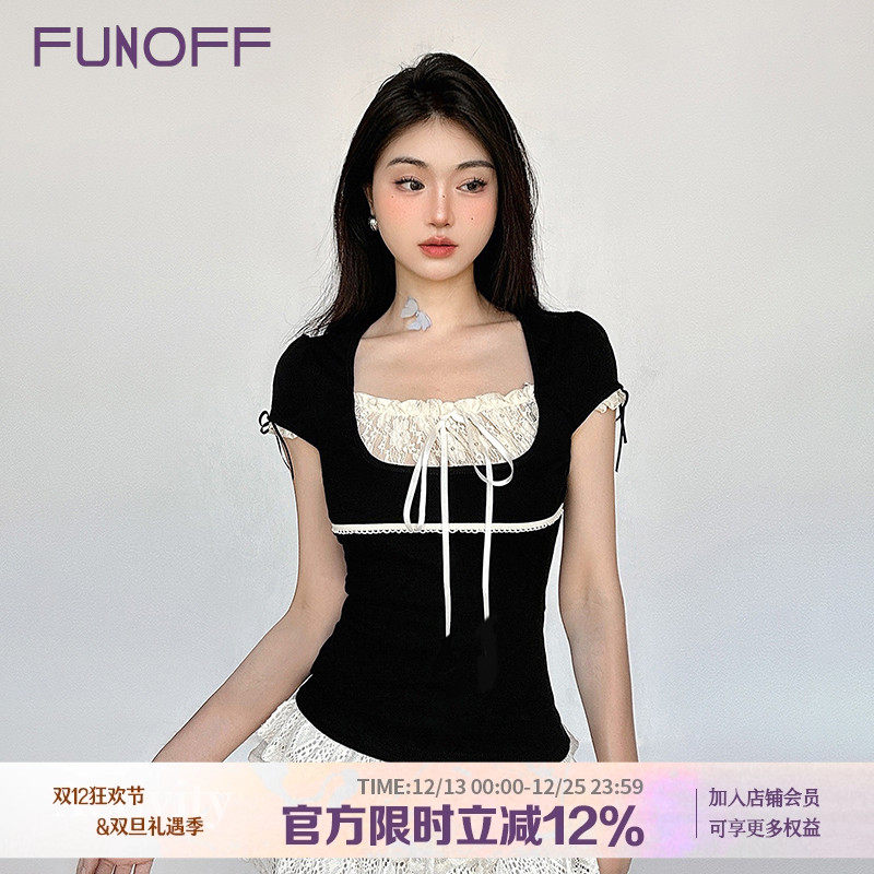 法式方领撞色蝴蝶结蕾丝短袖上衣