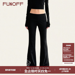 直筒喇叭裤 简约低腰修身 复古黑色翻边腰头印花针织长裤 FUNOFF美式