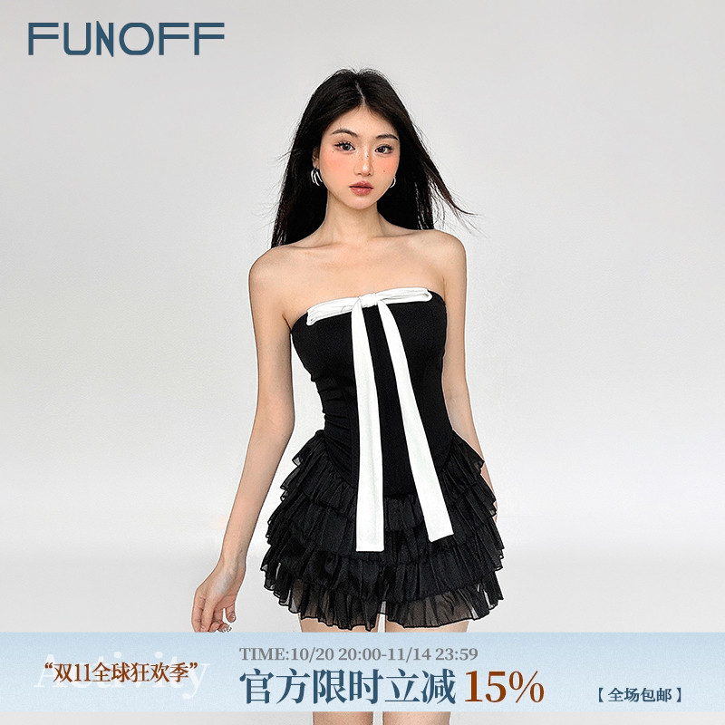 黑色蝴蝶结鱼骨束腰抹胸连衣裙女