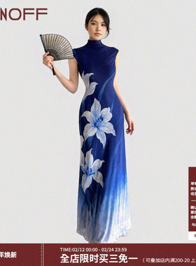 FUNOFF 复古蓝色花卉渐变燕尾旗袍连衣裙新中式显瘦收腰网纱长裙