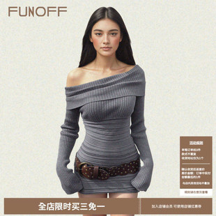 毛织连衣裙性感一字肩收腰包臀短裙 复古灰色斜肩长袖 FUNOFF 美式