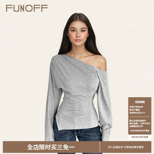 T恤女简约基础露肩修身 复古灰色斜肩收腰长袖 打底上衣 美式 FUNOFF