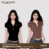 FUNOFF 街头V领低胸收腰T恤上衣 衬衫 美式 复古棕色POLO领排扣短袖