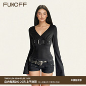 FUNOFF 上衣 T恤秋街头机能收腰喇叭袖 美式 复古黑色V领金属扣长袖
