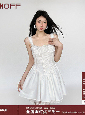 FUNOFF  初恋#法式气质褶皱白色蕾丝拼接吊带连衣裙黑色收腰裙子