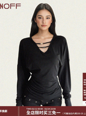 FUNOFF 美式复古黑色V领低胸串珠长袖T恤性感收腰蝙蝠袖打底上衣