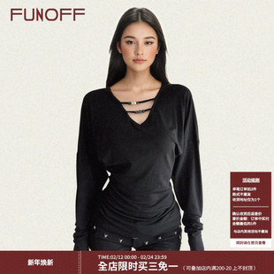 FUNOFF 美式复古黑色V领低胸串珠长袖T恤性感收腰蝙蝠袖打底上衣