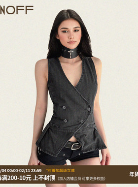 FUNOFF 美式复古灰色V领叠穿无袖马甲背心街头做旧收腰牛仔上衣女