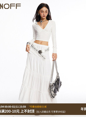 FUNOFF 巴洛克宫廷风百搭拼接白色半身长裙波西米亚风裙子女夏季