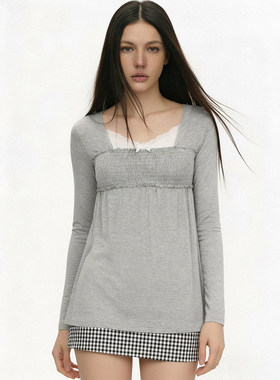 FUNOFF法式复古灰色莫代尔假两件蕾丝拼接长袖娃娃衫简约修身上衣