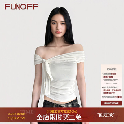 简约白色一字肩绑带不规则T恤夏