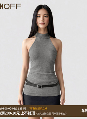 FUNOFF 复古miu系灰色高领无袖针织背心简约纯色性感收腰露背上衣