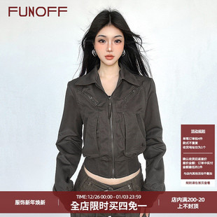 FUNOFF巴恩风复古军绿色拉链收腰夹克外套2025初秋工装 短夹克上衣